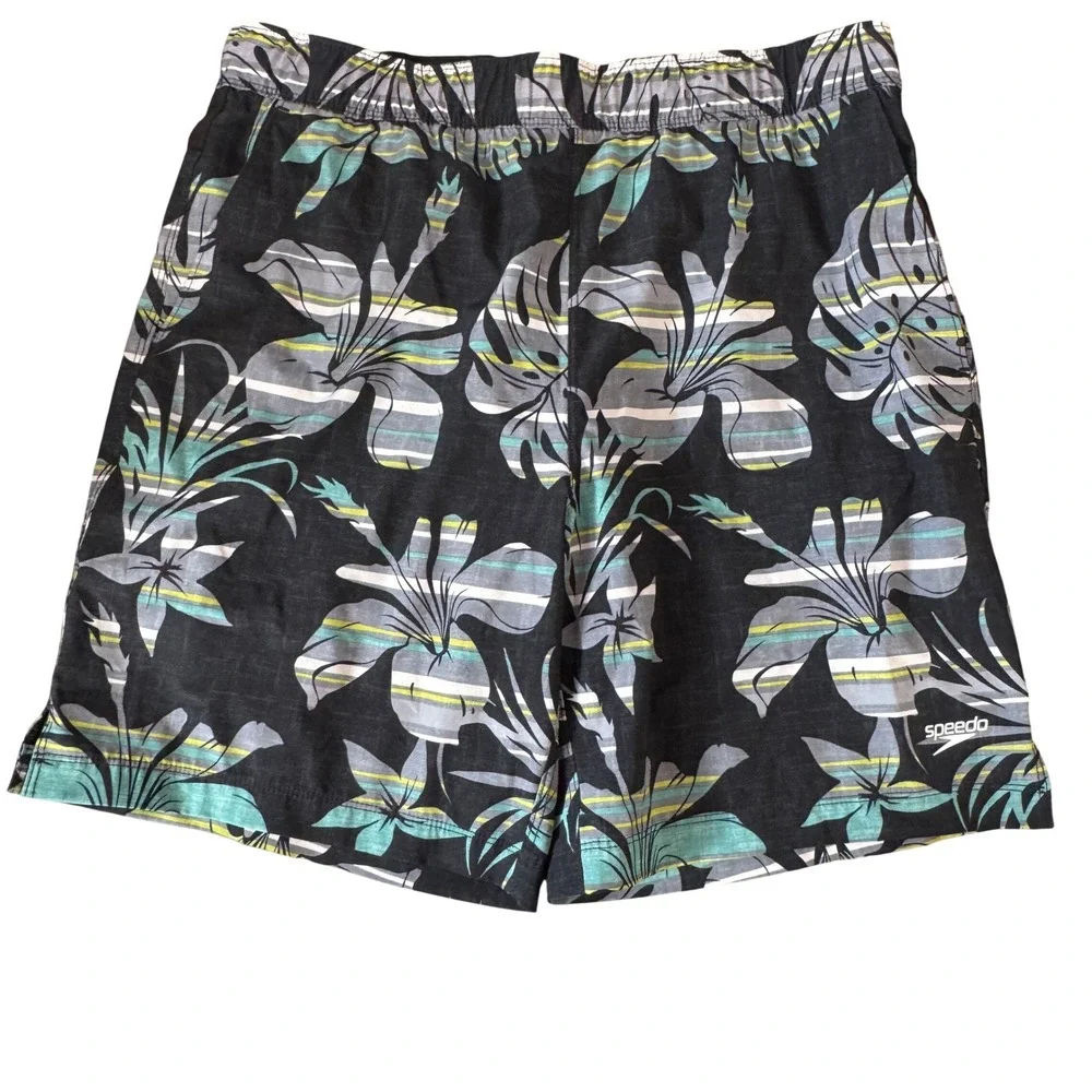 Speedo Men's Swim Trunks M Floral Black Aqua‎ Blue Board Shorts Quick Dry